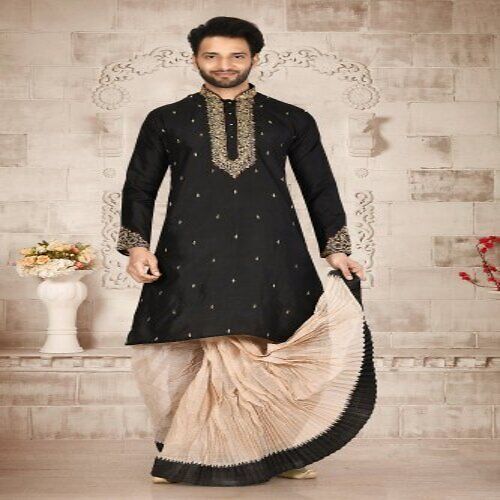 Light Weight, Soft And Comfortable To Wear Black Cotton Silk Dhoti Kurta For Ethnic Wear