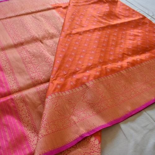 Orange Perfect For Special Occasion Silk Body Designed Pure Handloom Katan Banarasi Sarees With Blouse Piece