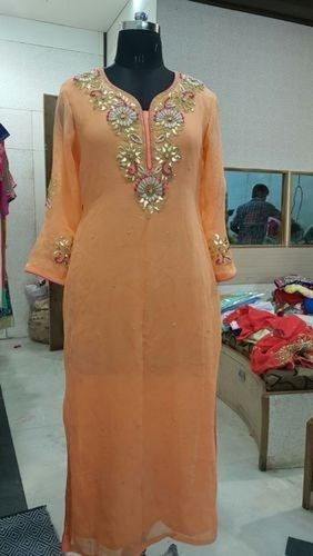 Peach Party Wear Comfortable And Stylish Look Full Sleeve Stone Work Kurti For Ladies