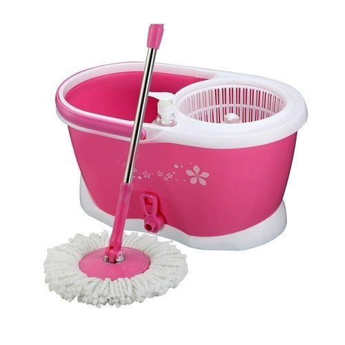 Pink Plastic Spin Mop With Bigger Wheels And Plastic Auto Fold Handle For 360 Degree Cleaning