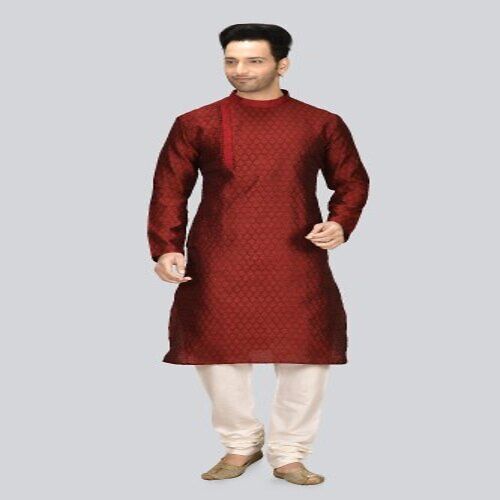 Traditional Look And Long Lasting 100% Pure Cotton Silk Ethnic Maroon Kurta Pyjama Set Decoration Material: Beads