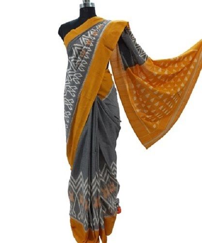 Yellow Grey Women'S Comfortable And Breathable Stylish Stunning Look Printed Cotton Saree