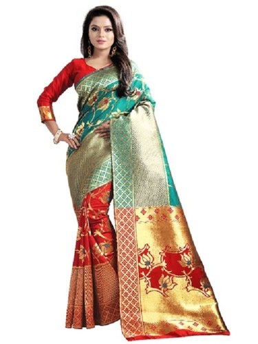 Banarasi Silk Saree - 100% Pure Fabric, Multi-Color Prints | Elegant Party Wear with Ikkat Weave and Patch Work