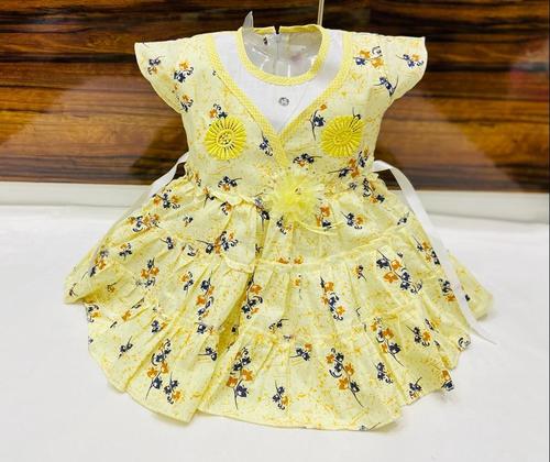 Kids Yellow Printed Georgette Short Sleeves Casual Frock For Daily Wear