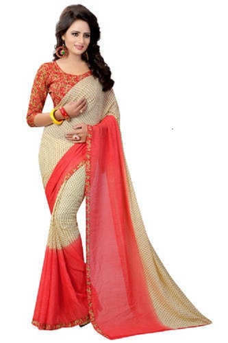 Silk Georgette Saree - Elegant Cream and Red Printed Design | Lightweight, Patch Work, Ideal for Daily Wear in All Seasons