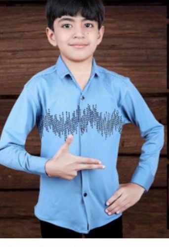 Sky Blue Printed Cotton Collar Neck Full Sleeves Boys Shirt, Comfortable And Washable