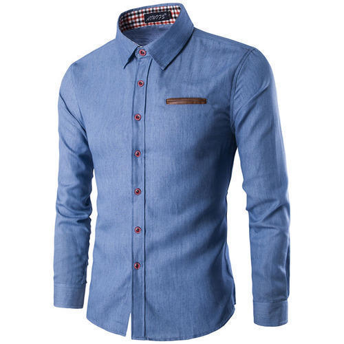 Soft And Comfortable Pure Cotton Plain Dyed Sky Blue Mens Denim Shirts