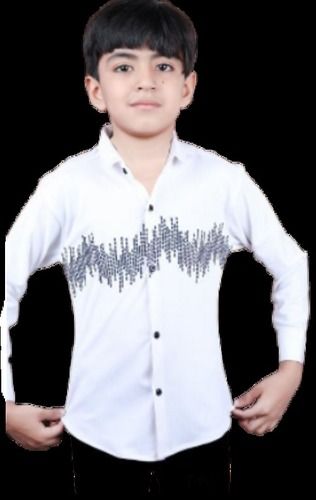 White Printed Full Sleeves Boys Shirt, Comfortable And Washable, Cotton Fabrics, Collar Neck Age Group: 5+