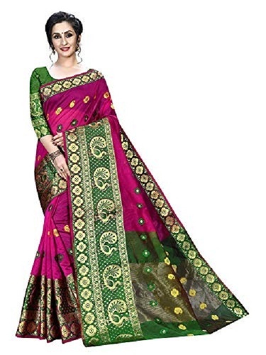 पार्टी वियर महिलाओं के लिए एलिगेंट और खूबसूरत हैवी बनारसी ग्रीन पिंक (गुलाबी) प्रिंटेड सिल्क साड़ी ब्लाउज के साथ