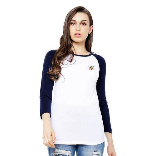 Casual Wear White And Navy Blue Color Plain Ladies T Shirt With Round Neck