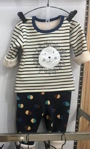 Children Winter Wear Round Neck Full Sleeves White Striped Top With Blue Pajama