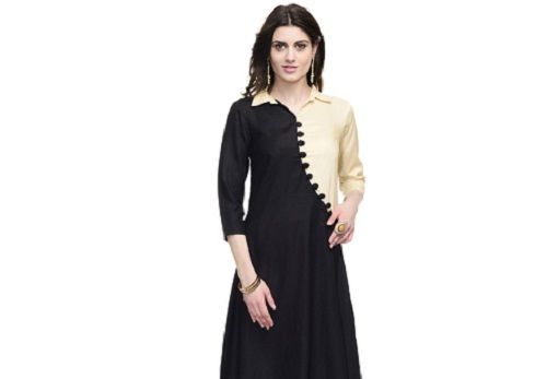 V Neck And 3/4 Sleeves Elegant Look Cotton Cream And Black Ladies Kurti Decoration Material: Beads