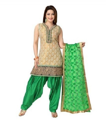 Green Color Skin Friendly Sleeveless Ladies Salwar Suits With Designer Dupatta