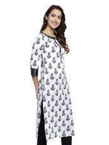 Eye Catching Look O Neck 3/4V Sleeves White And Black Straight Long Ladies Kurti Decoration Material: Beads