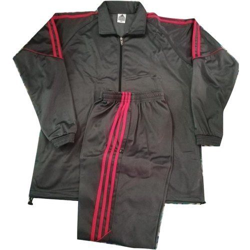 Mens Slim Fit Full Sleeves Black Polyester Plain Sports Tracksuit With Pink Strip