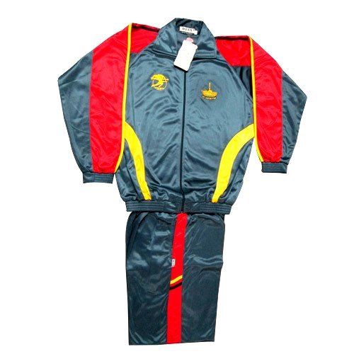 Mens Slim Fit Full Sleeves Blue Army Cotton Silk Plain Sports Tracksuit With Red And Yellow Strip