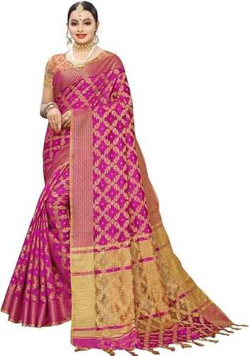 Summer Pink And Golden Printed 100 Percent Cotton Silk Saree For Party Wear Washable And Breathable