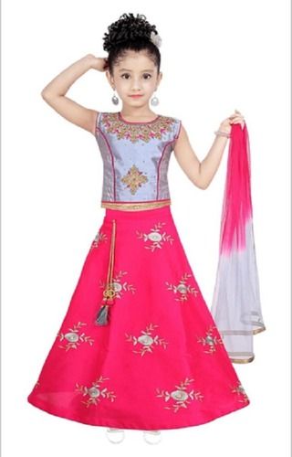 Quick Dry Silk Party Wear Sleeveless Printed Pattern Fancy Kids Girl Lehenga Choli