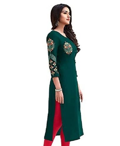 Green And Red Skin Friendliness O Neck 3/4 Sleeves Cotton Casual Wear Long Straight Ladies Kurti