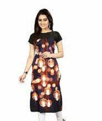 Brown And Black Trendy Design Shrink Resistance Half Sleeves O Neck Breathable Printed Ladies Kurti