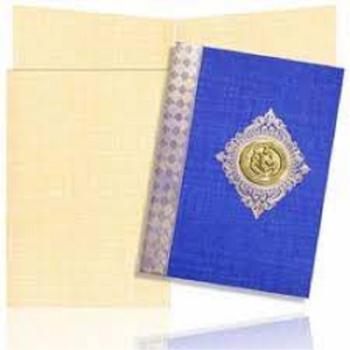 Lamination 100 Percent Hand Made Colour Blue And Golden Designer Wedding Card Light Weight