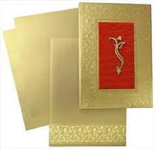 Lamination 100 Percent Hand Made Colour Golden And Red Designer Wedding Card Light Weight