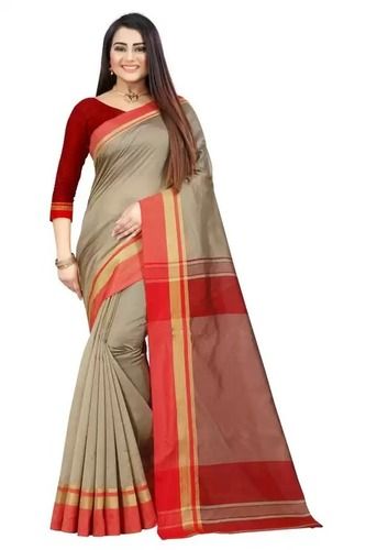 Summer Women 100 % Pure Cotton Striped Printed Red Saree For Party Wear