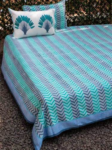 Blue And Green 100% Pure Cotton Printed King-Size Double Bed Sheets