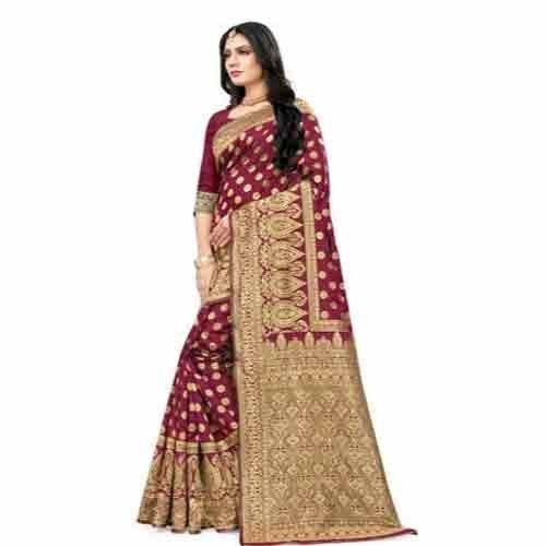 Summer Pink And Golden Party Wear Embroidered Cotton Silk Saree With Blouse