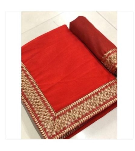 Summer Golden And Red Party Wear Plain Border Work Cotton Silk Saree With Blouse