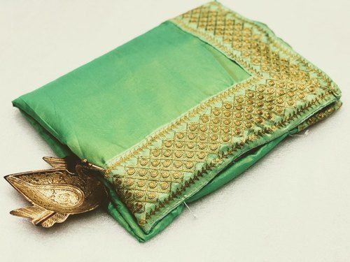 Rainy Green And Golden Party Wear Plain Border Work Cotton Silk Saree With Blouse