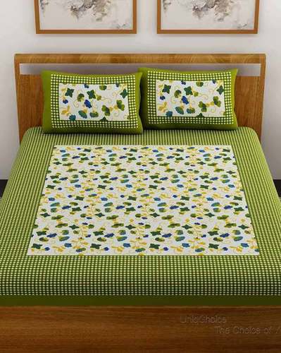 Green And White 100% Pure Cotton Printed King-Size Double Bed Sheets