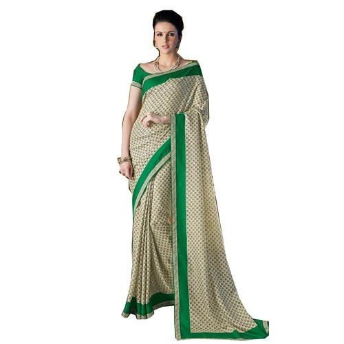 Ladies Casual Wear Comfortable Breathable Green And Cream Printed Saree