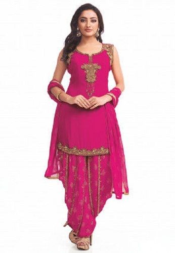 Indian Cotton Silk Pink Printed Ladies Salwar Suits With Pink Chiffon Dupatta