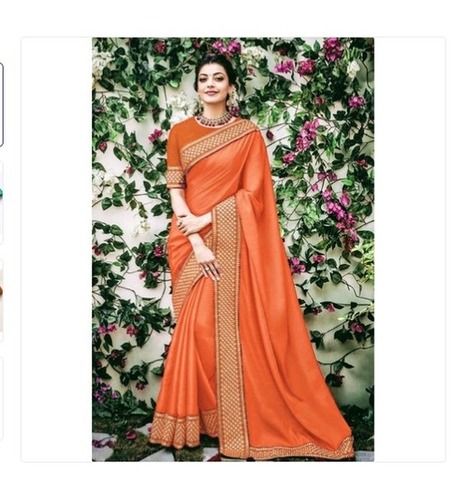 Rainy Orange And Golden Party Wear Plain Border Work Cotton Silk Saree With Blouse