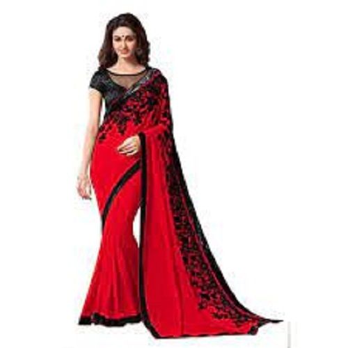 Cotton Silk Stylish Party Wear Printed Georgette Red And Black Ladies Saree With Unstitched Blouse Piece