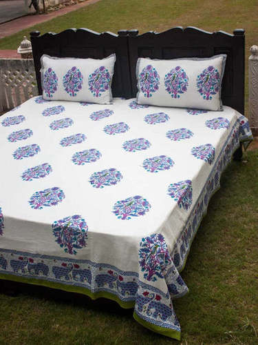 White And Blue 100% Pure Cotton Printed King-Size Double Bed Sheets