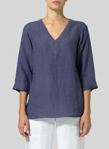 Dark Blue  Women'S Plain Regular 100% Pure Linen Top 