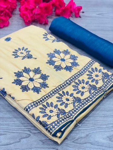 Cotton Silk Women Stylish And Elegant Look Designer Cream And Blue Embroidered Saree With Unstitched Blouse