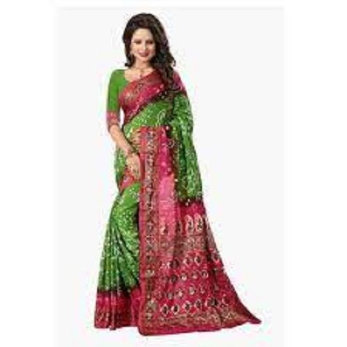 Winter Daily Wear Light Weight Green And Pink Printed Cotton Ladies Saree With Blouse