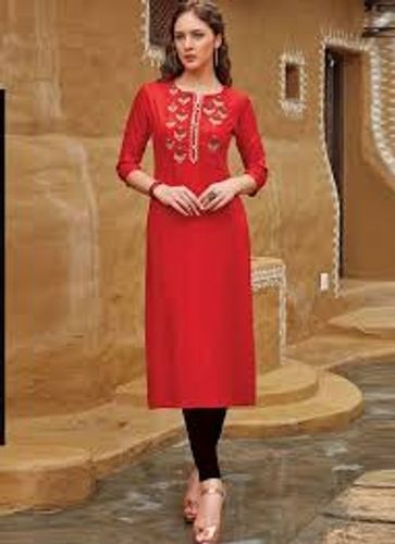 Stylish Silky Fashionable Ladies Red Cotton Kurti  Size: Medium