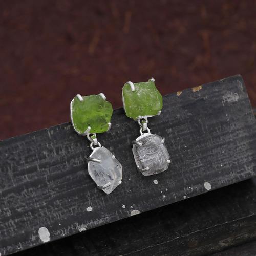 925 Sterling Silver Raw Herkimer Diamond And Peridot Earring