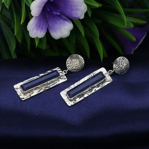 Lapis Hammered Bezel Earrings - 925 Sterling Silver, Hypoallergenic Comfort Fit, Trendy Drop Design