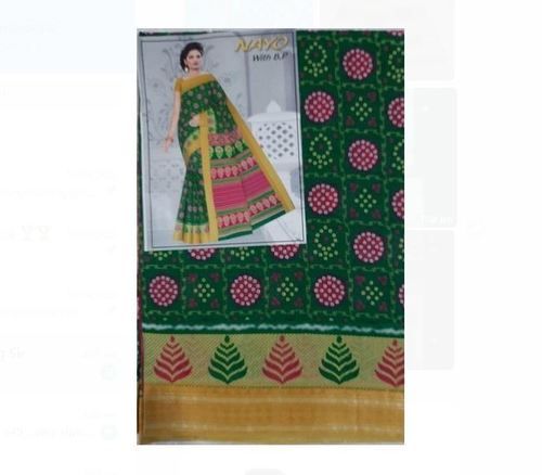 Casual Washable And Comfortable Printed Cotton Saree With Plain Golden Border For Women