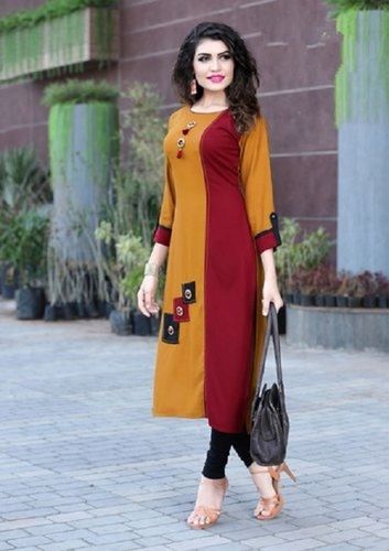 Women Stylish Stunning Look Maroon And Yellow Color Pure Cotton Fancy Kurti