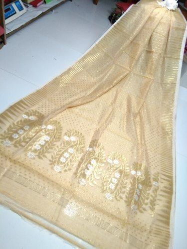 Plain 6.3 Meter Cream Printed Cotton Silk Casual Wear Saree With Blouse Piece