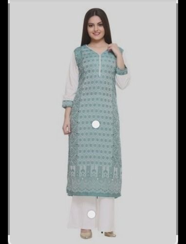 Chiffon Aqua Color Designer Kurti Festival Wear With White Palazzo Easily Washable And Breathable 