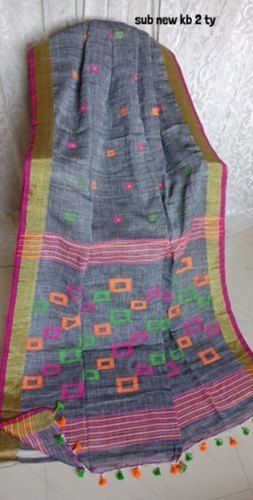 Cotton Grey Printed Handloom Jamdani Silk Party Wear Saree With Blouse Piece