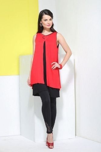 Red And Black Chiffon Round Neck Sleeveless Ladies Stylish Summer Kurti Designer