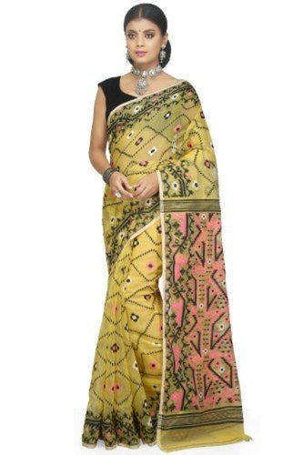 Spring Yellow And Pink Printed Cotton Silk Casual Wear Saree With Heavy Thread Work